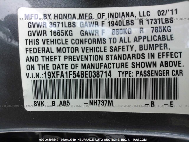 19XFA1F54BE038714 - 2011 HONDA CIVIC LX Boz foto 9