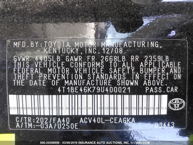 4T1BE46K79U400021 - 2009 TOYOTA CAMRY SE/LE/XLE 黑色 照片 9