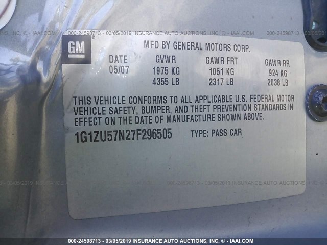 1G1ZU57N27F296505 - 2007 CHEVROLET MALIBU LTZ GRAY photo 9