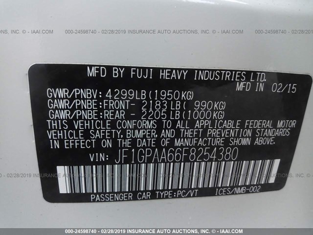 JF1GPAA66F8254380 - 2015 SUBARU IMPREZA WHITE photo 9