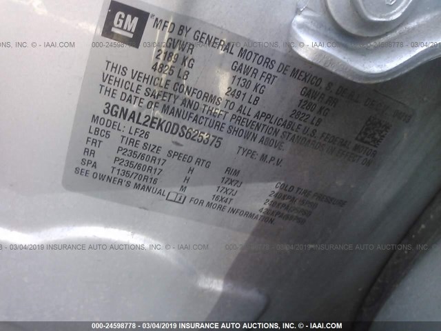 3GNAL2EK0DS625375 - 2013 CHEVROLET CAPTIVA LS 银色 照片 9