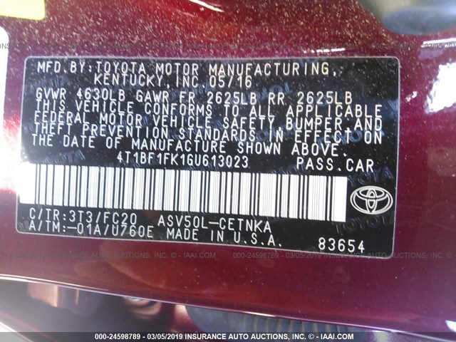 4T1BF1FK1GU613023 - 2016 TOYOTA CAMRY LE/XLE/SE/XSE RED photo 9