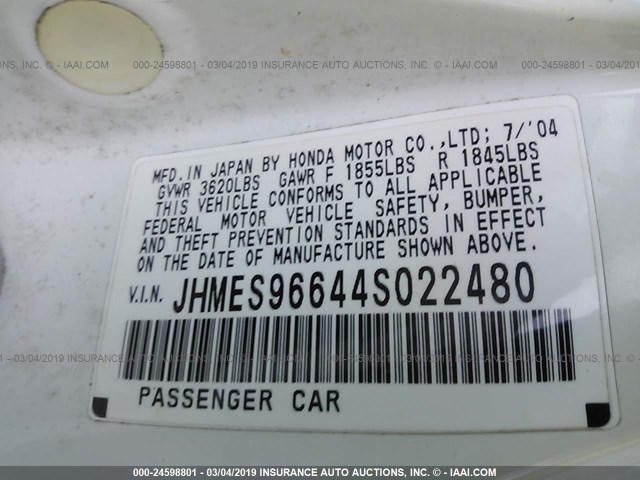 JHMES96644S022480 - 2004 HONDA CIVIC HYBRID WHITE photo 9