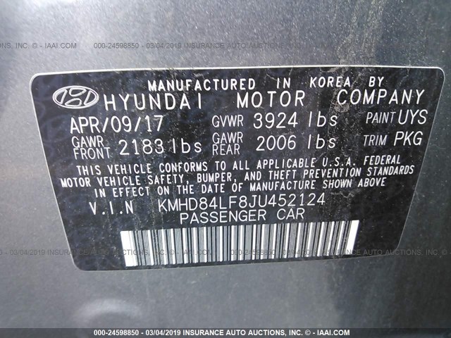 KMHD84LF8JU452124 - 2018 HYUNDAI ELANTRA SEL/VALUE/LIMITED GRAY photo 9