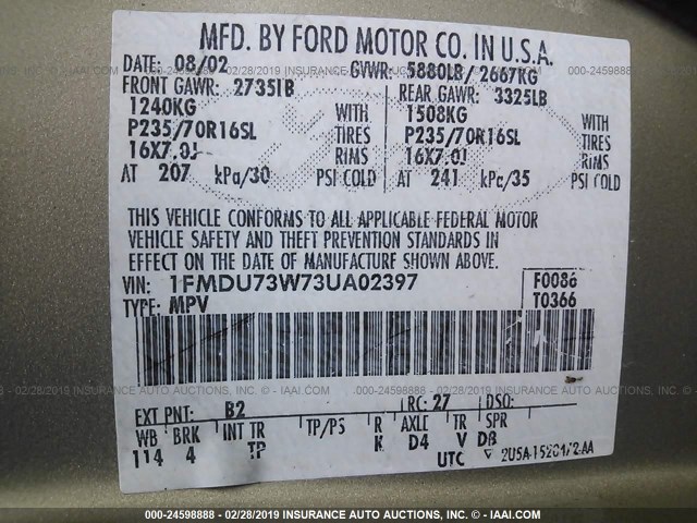1FMDU73W73UA02397 - 2003 FORD EXPLORER Qəhvəyi foto 9