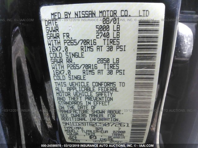 5N1ED28T62C507261 - 2002 NISSAN XTERRA XE/SE BLACK photo 9