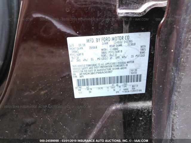 2FMDK38C79BA30387 - 2009 FORD EDGE SEL MAROON photo 9