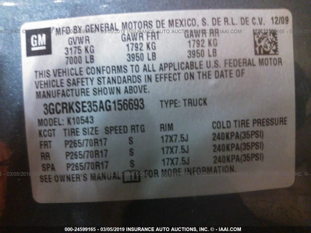 3GCRKSE35AG156693 - 2010 CHEVROLET SILVERADO K1500 LT GRAY photo 9