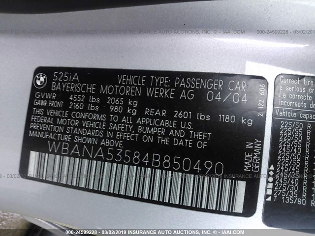 WBANA53584B850490 - 2004 BMW 525 I ვერცხლისფერი ფოტო 9