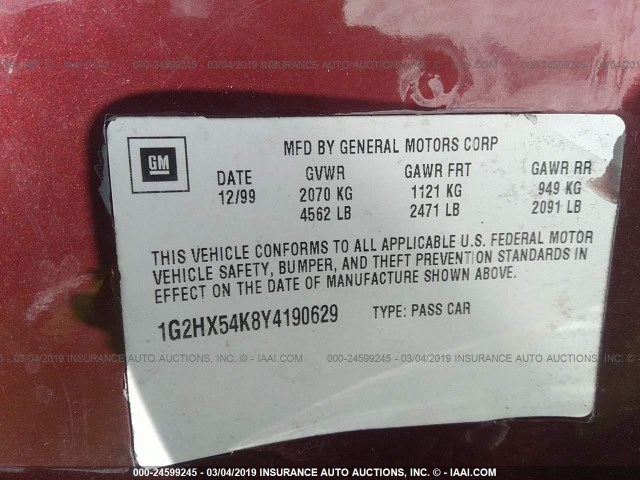 1G2HX54K8Y4190629 - 2000 PONTIAC BONNEVILLE SE MAROON photo 9