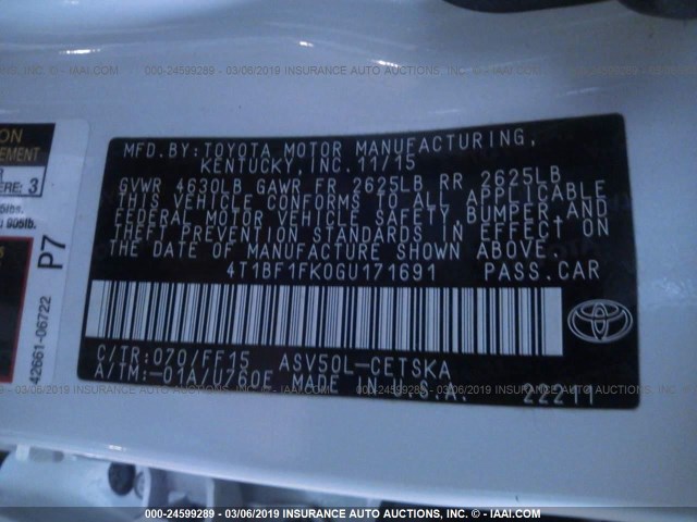 4T1BF1FK0GU171691 - 2016 TOYOTA CAMRY LE/XLE/SE/XSE WHITE photo 9