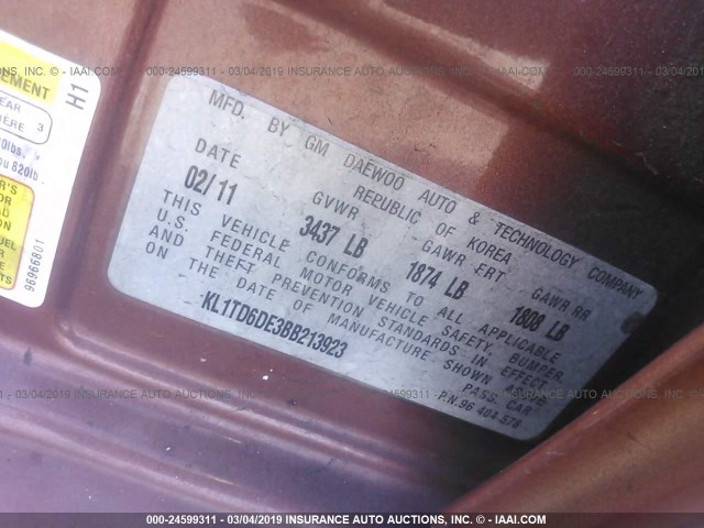 KL1TD6DE3BB213923 - 2011 CHEVROLET AVEO LS/LT ORANGE photo 9