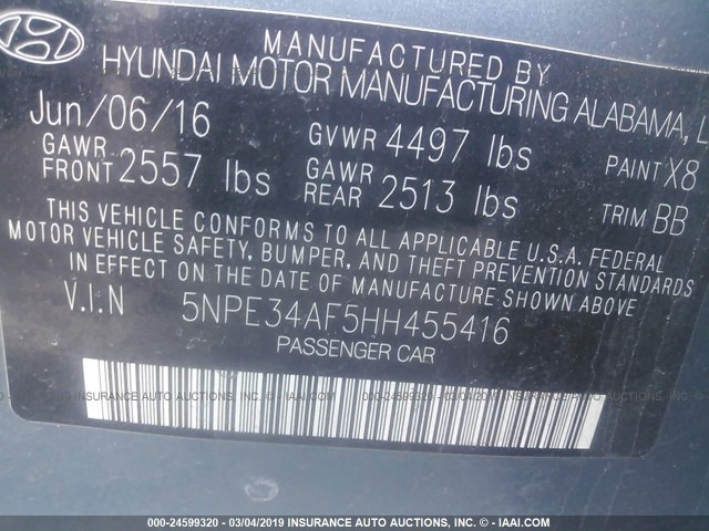 5NPE34AF5HH455416 - 2017 HYUNDAI SONATA SPORT/LIMITED Light Blue photo 9