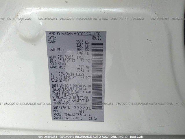 5N1AT2MT6GC732701 - 2016 NISSAN ROGUE S/SL/SV WHITE photo 9