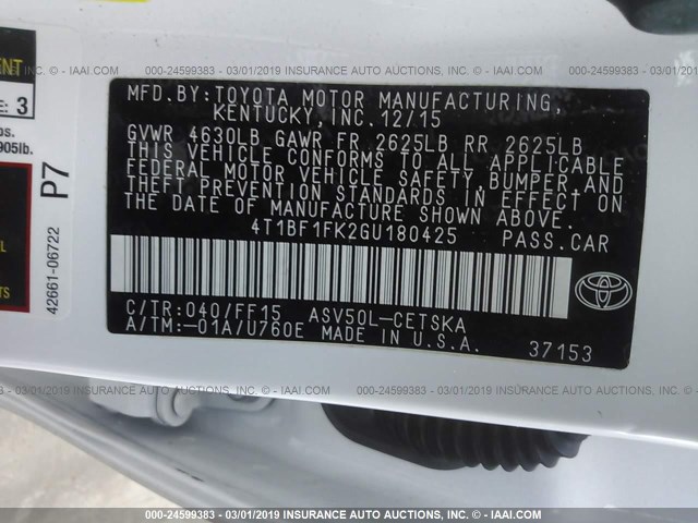 4T1BF1FK2GU180425 - 2016 TOYOTA CAMRY LE/XLE/SE/XSE WHITE photo 9