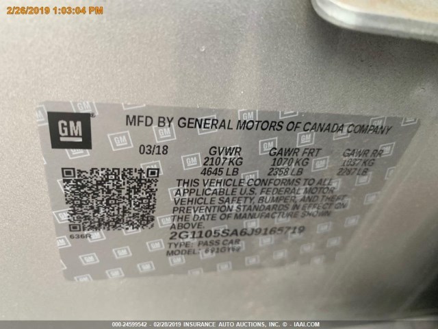 2G1105SA6J9165719 - 2018 CHEVROLET IMPALA SILVER photo 16