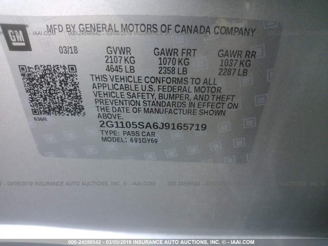 2G1105SA6J9165719 - 2018 CHEVROLET IMPALA SILVER photo 9