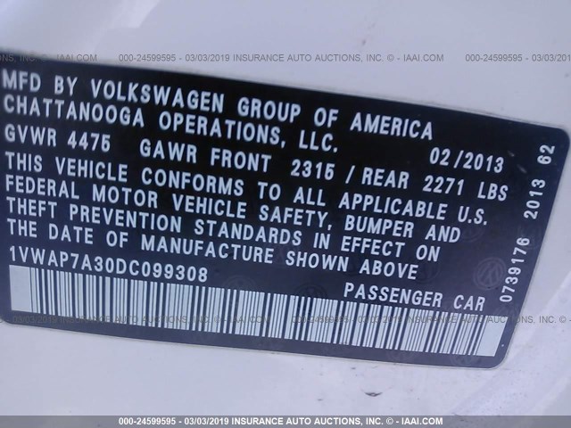 1VWAP7A30DC099308 - 2013 VOLKSWAGEN PASSAT S WHITE photo 9