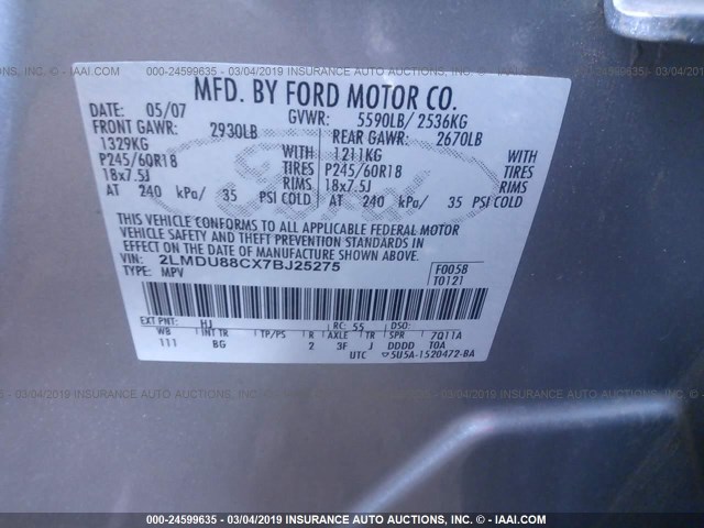 2LMDU88CX7BJ25275 - 2007 LINCOLN MKX SILVER photo 9