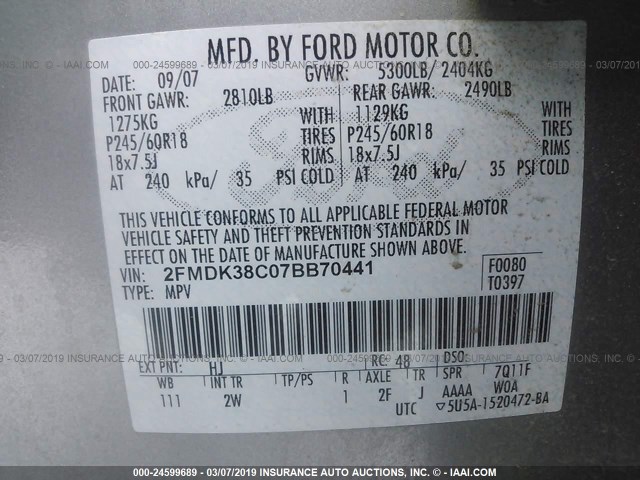 2FMDK38C07BB70441 - 2007 FORD EDGE SEL SILVER photo 9