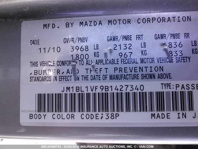 JM1BL1VF9B1427340 - 2011 MAZDA 3 I SILVER photo 9