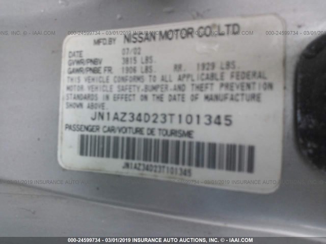 JN1AZ34D23T101345 - 2003 NISSAN 350Z COUPE SILVER photo 9