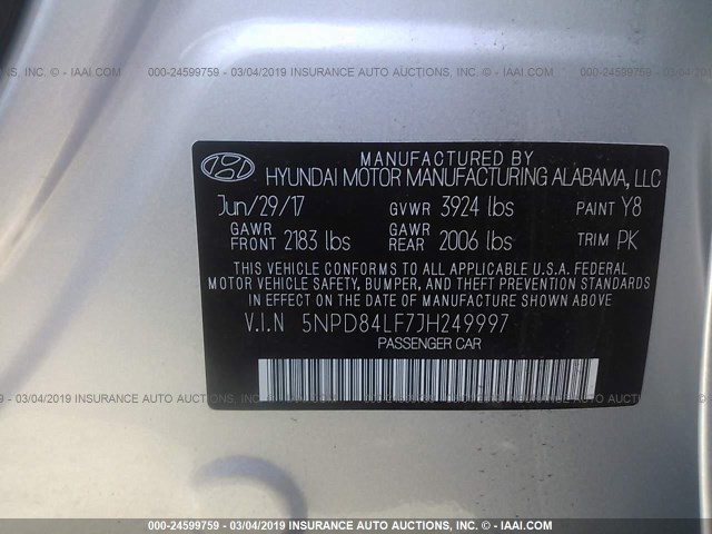 5NPD84LF7JH249997 - 2018 HYUNDAI ELANTRA SEL/VALUE/LIMITED SILVER photo 9