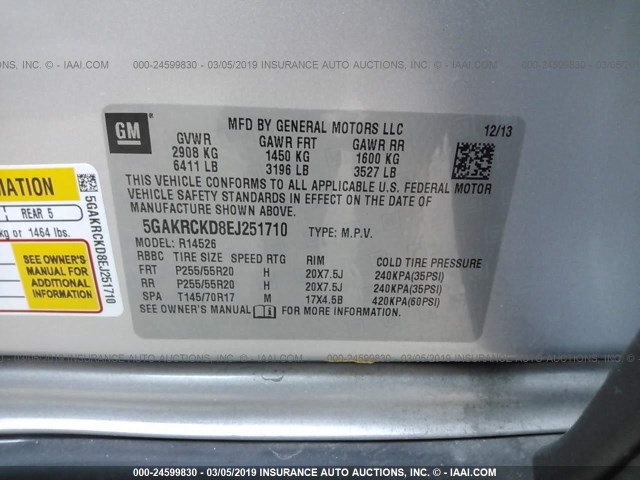 5GAKRCKD8EJ251710 - 2014 BUICK ENCLAVE SILVER photo 9