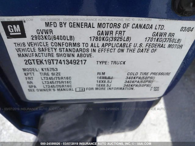 2GTEK19T741349217 - 2004 GMC NEW SIERRA K1500 BLUE photo 9