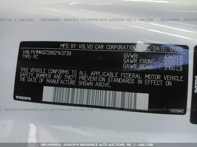 YV1MK672992143739 - 2009 VOLVO C30 T5 WHITE photo 9