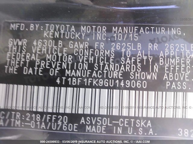 4T1BF1FK9GU149060 - 2016 TOYOTA CAMRY LE/XLE/SE/XSE BLACK photo 9