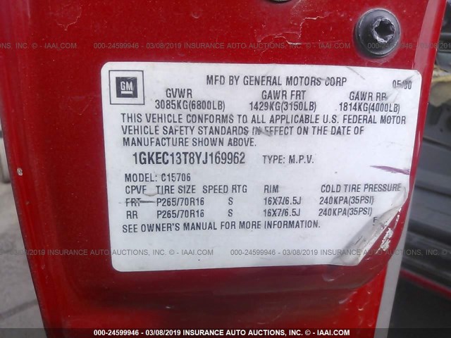 1GKEC13T8YJ169962 - 2000 GMC YUKON RED photo 9