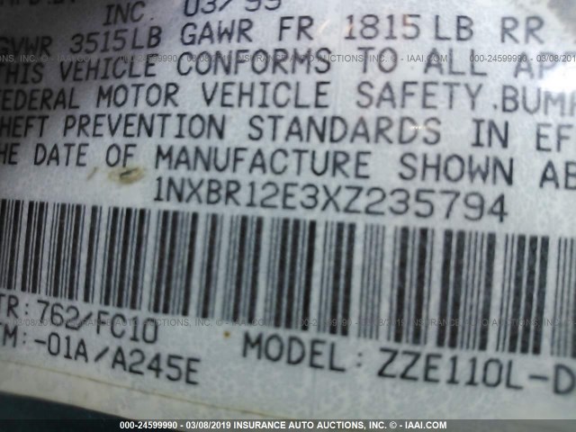 1NXBR12E3XZ235794 - 1999 TOYOTA COROLLA VE/CE/LE 青色 照片 9