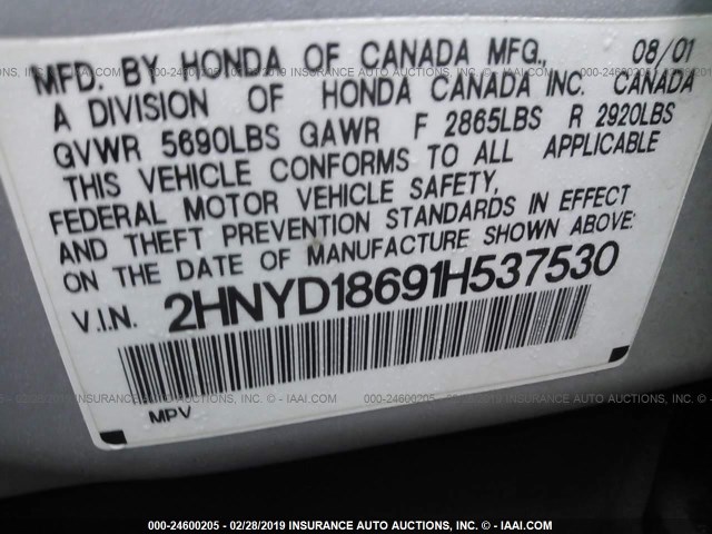 2HNYD18691H537530 - 2001 ACURA MDX TOURING SILVER photo 9