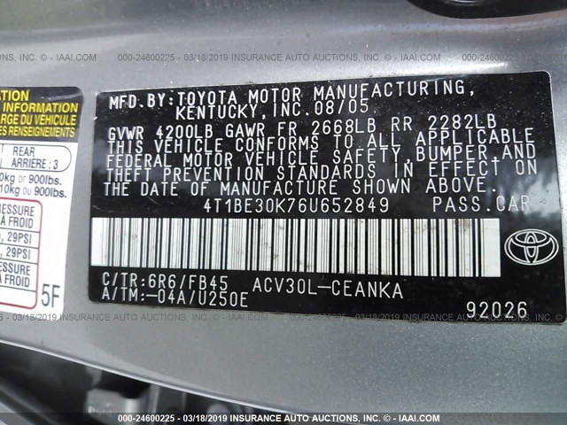 4T1BE30K76U652849 - 2006 TOYOTA CAMRY LE/XLE/SE GRAY photo 9