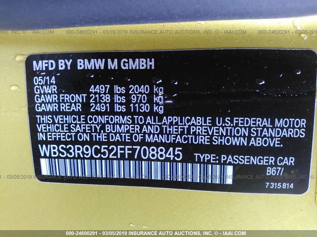 WBS3R9C52FF708845 - 2015 BMW M4 YELLOW photo 9