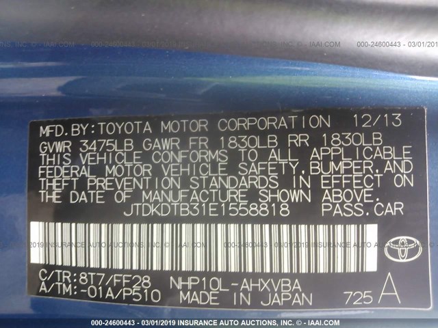 JTDKDTB31E1558818 - 2014 TOYOTA PRIUS C BLUE photo 9