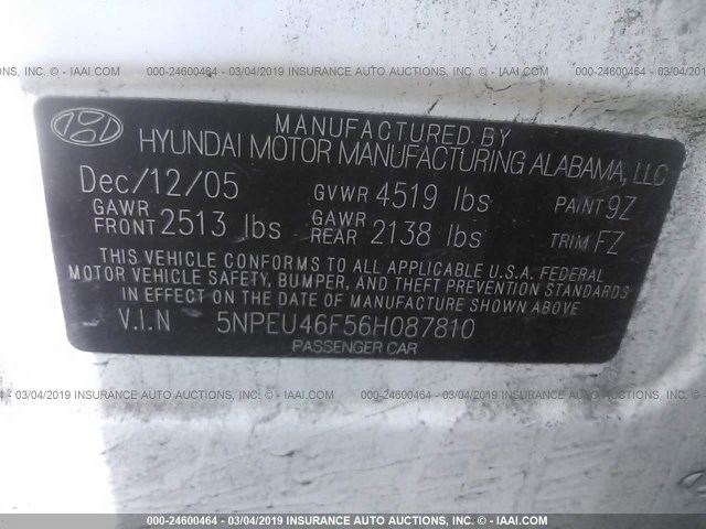 5NPEU46F56H087810 - 2006 HYUNDAI SONATA GLS/LX WHITE photo 9