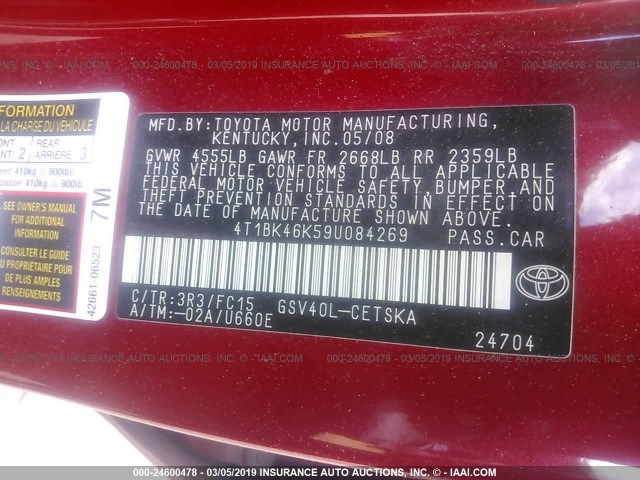 4T1BK46K59U084269 - 2009 TOYOTA CAMRY SE/LE/XLE RED photo 9