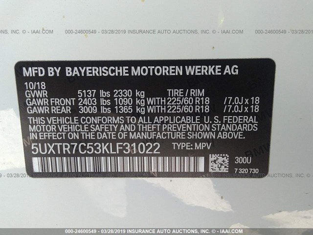 5UXTR7C53KLF31022 - 2019 BMW X3 SDRIVE30I Beyaz fotoğraf 9