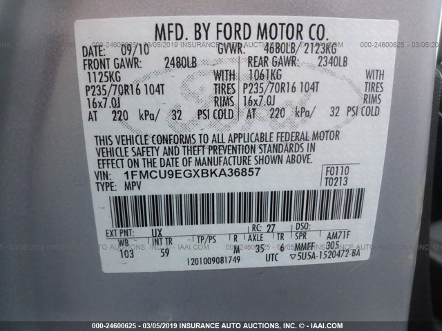 1FMCU9EGXBKA36857 - 2011 FORD ESCAPE LIMITED SILVER photo 9