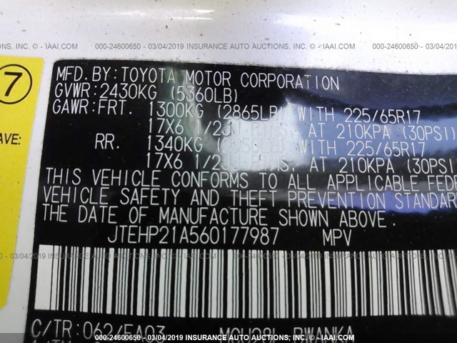 JTEHP21A560177987 - 2006 TOYOTA HIGHLANDER LIMITED WHITE photo 9