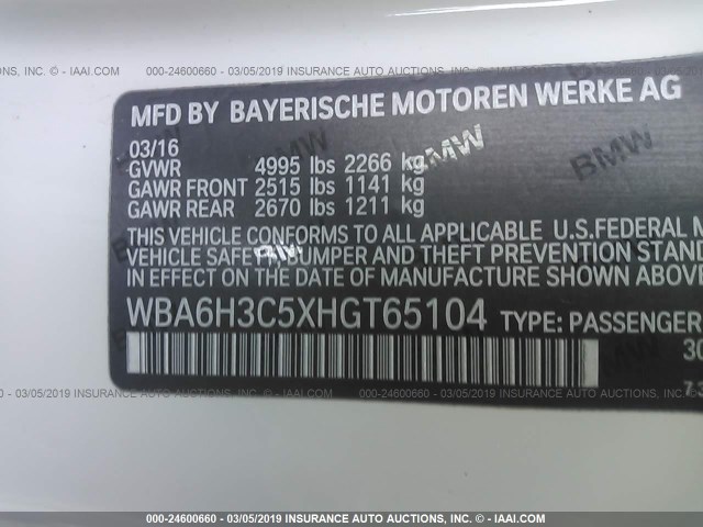 WBA6H3C5XHGT65104 - 2017 BMW 640 XI WHITE photo 9