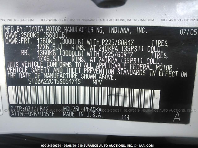 5TDBA22C15S051715 - 2005 TOYOTA SIENNA XLE/XLE LIMITED WHITE photo 9