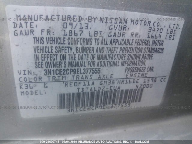 3N1CE2CP9EL377555 - 2014 NISSAN VERSA NOTE S/S PLUS/SV/SL SILVER photo 9