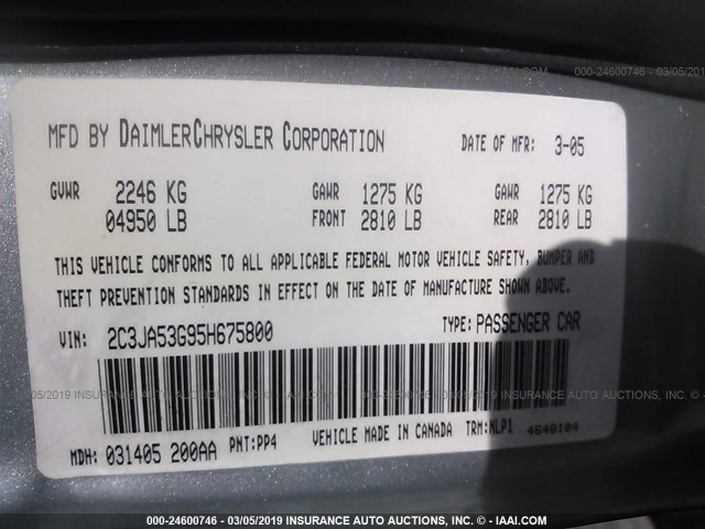 2C3JA53G95H675800 - 2005 CHRYSLER 300 TOURING SILVER photo 9