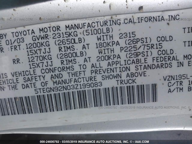 5TEGN92N03Z199083 - 2003 TOYOTA TACOMA DOUBLE CAB PRERUNNER SILVER photo 9
