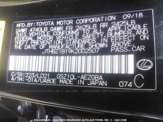 JTHBZ1B19K2002507 - 2019 LEXUS ES 350 黑色 照片 9