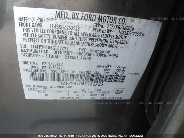 1FAFP24106G162723 - 2006 FORD FIVE HUNDRED SEL GRAY photo 9