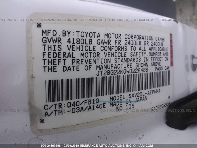 JT2BG22K0W0226488 - 1998 TOYOTA CAMRY CE/LE/XLE WHITE photo 9